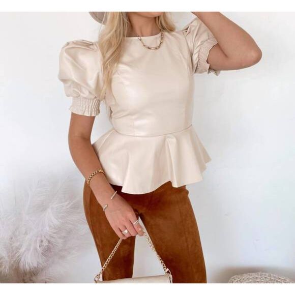 NEW FLYING TOMATO mollie puff sleeve leather top in cream‎ Medium - Picture 1 of 5